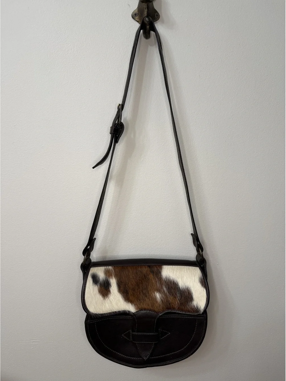 Vintage Colombian Leather & Hair-On Hide Saddle Crossbody Purse Boho Western